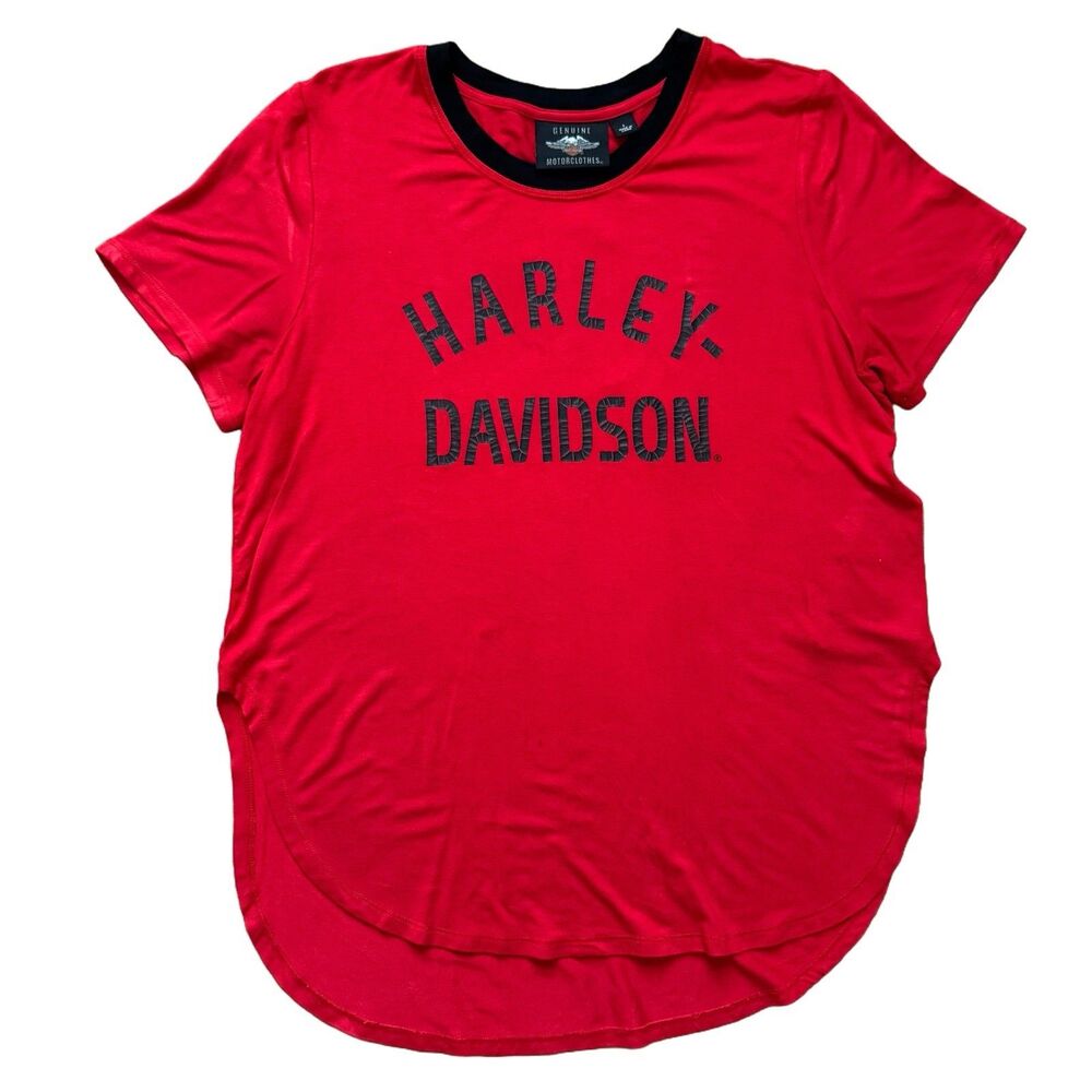 Harley Davidson Women Top Size L Red Stretchy T-Shirt Logo Graphic